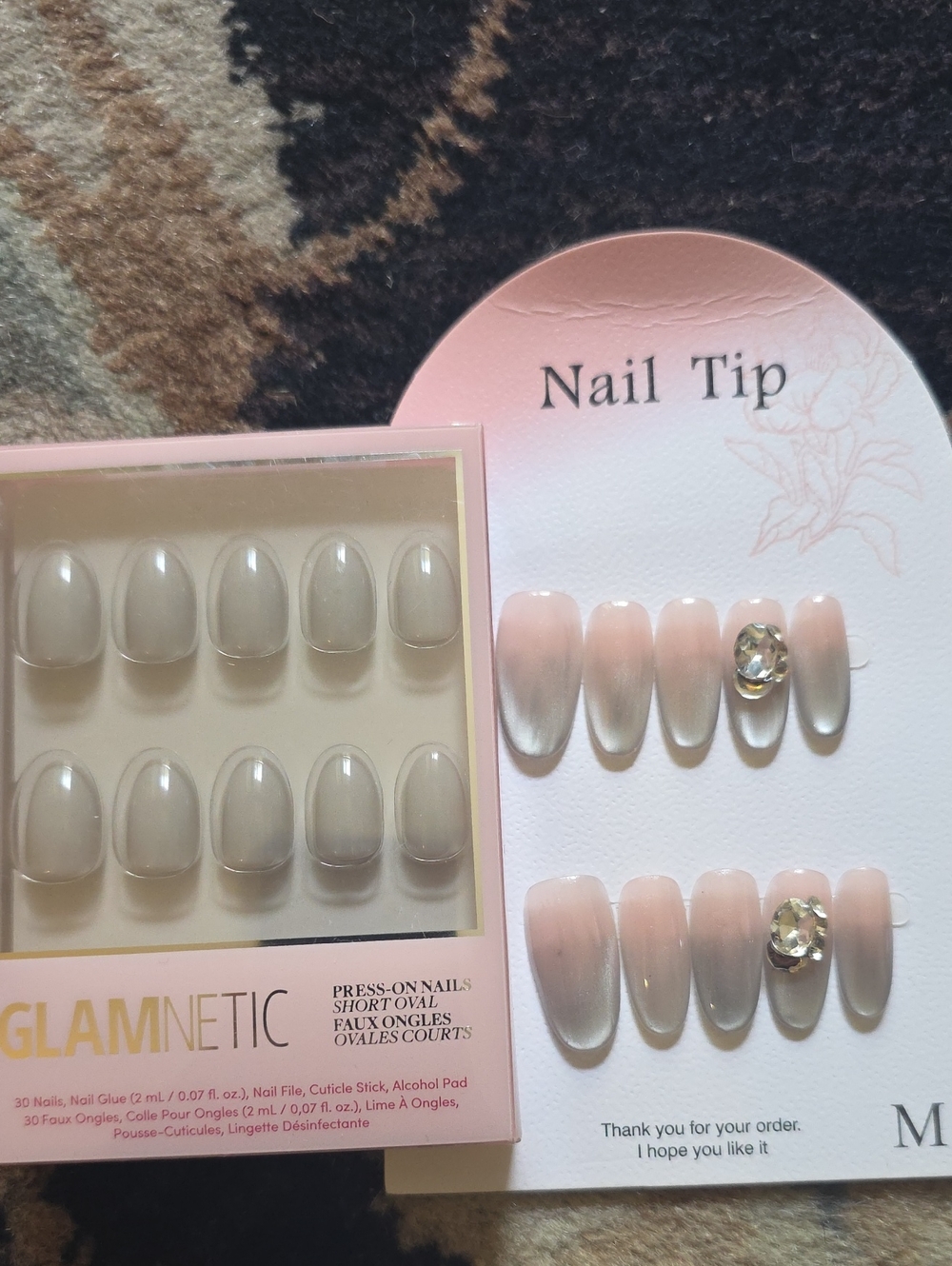 Pink Ombre Press-On Nail Set with Accent Gem Pure Gray Size Med